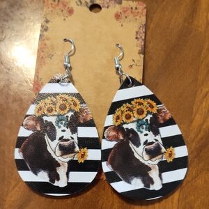 Cow Print Earrings with Sunflower Design